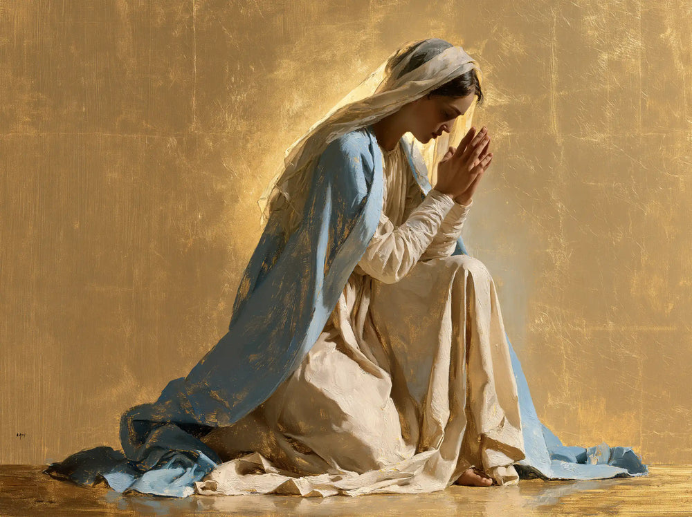 the Virgin Mary in prayer in Sacred Gold style, landscape Christian artwork no. 15