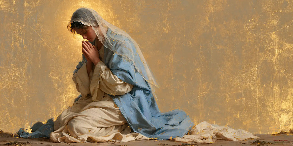 the Virgin Mary in prayer in Sacred Gold style, landscape Christian artwork no. 23