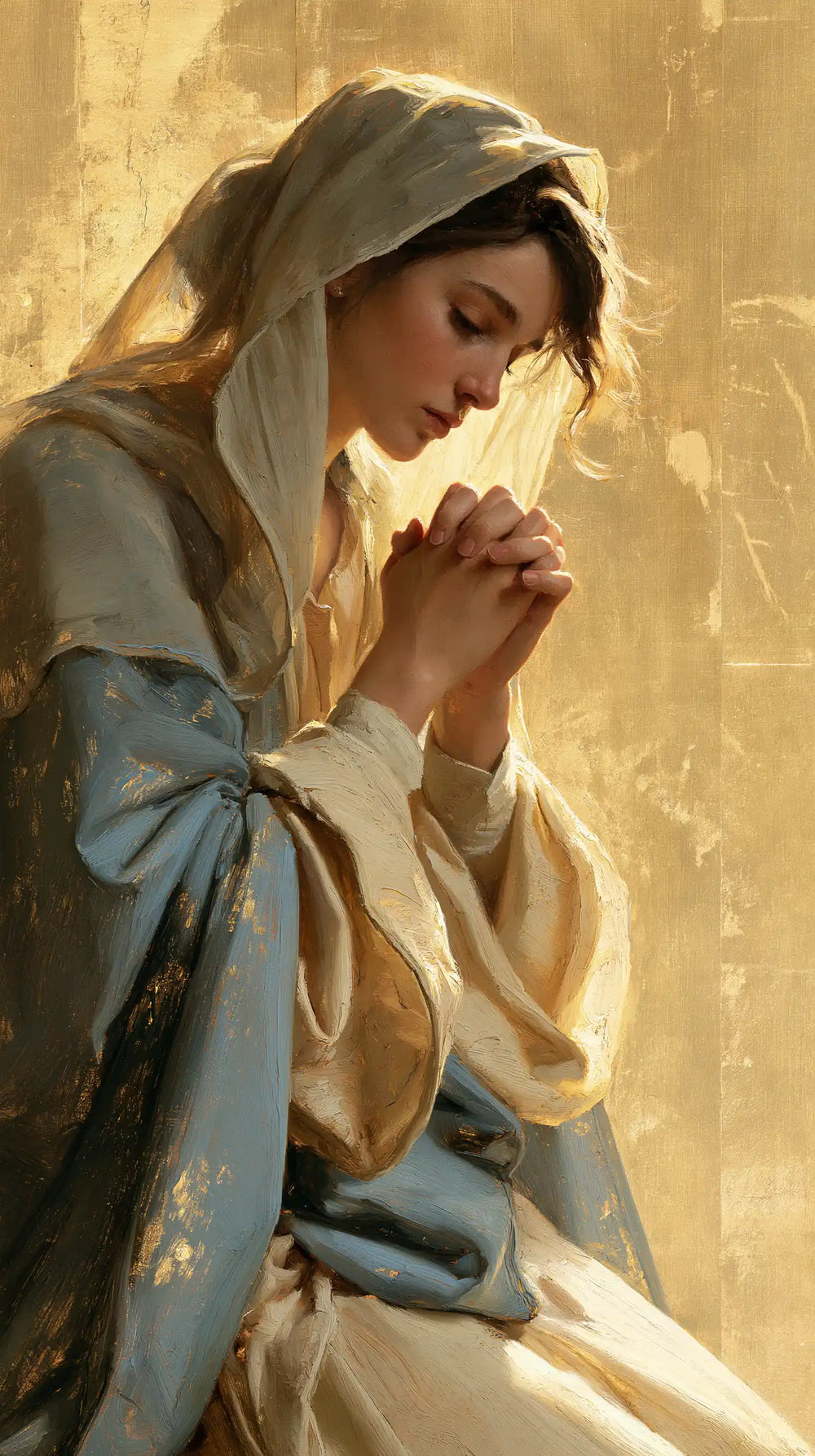 the Virgin Mary in prayer in Sacred Gold style, portrait Christian artwork no. 26