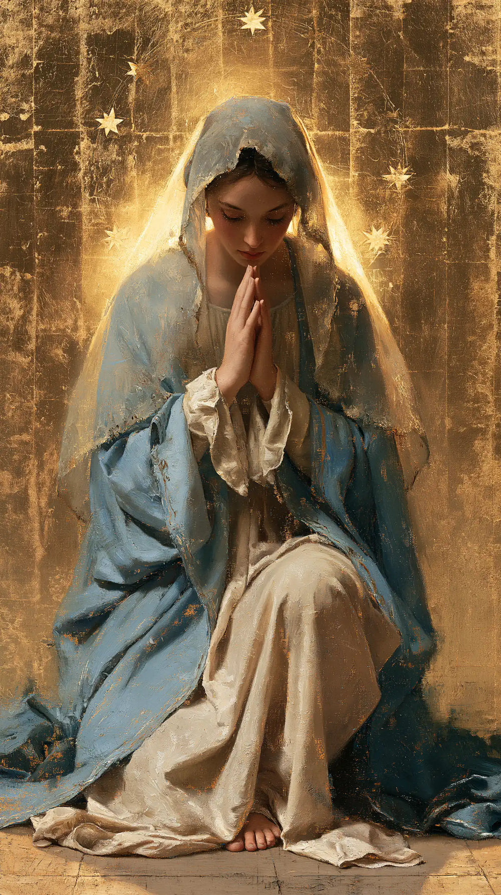 the Virgin Mary in prayer in Sacred Gold style, portrait Christian artwork no. 29