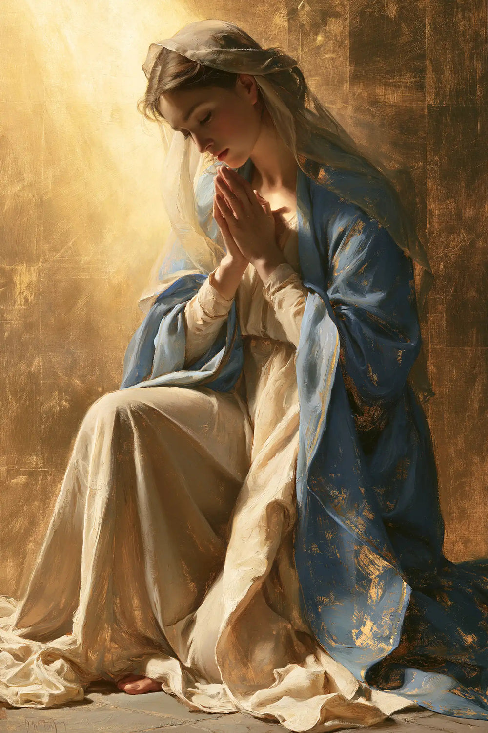 the Virgin Mary in prayer in Sacred Gold style, portrait Christian artwork no. 33