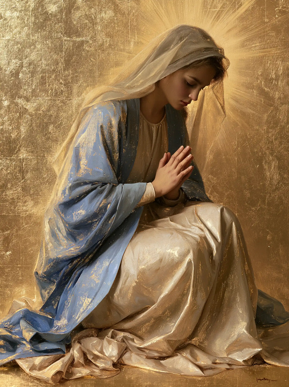 the Virgin Mary in prayer in Sacred Gold style, portrait Christian artwork no. 35