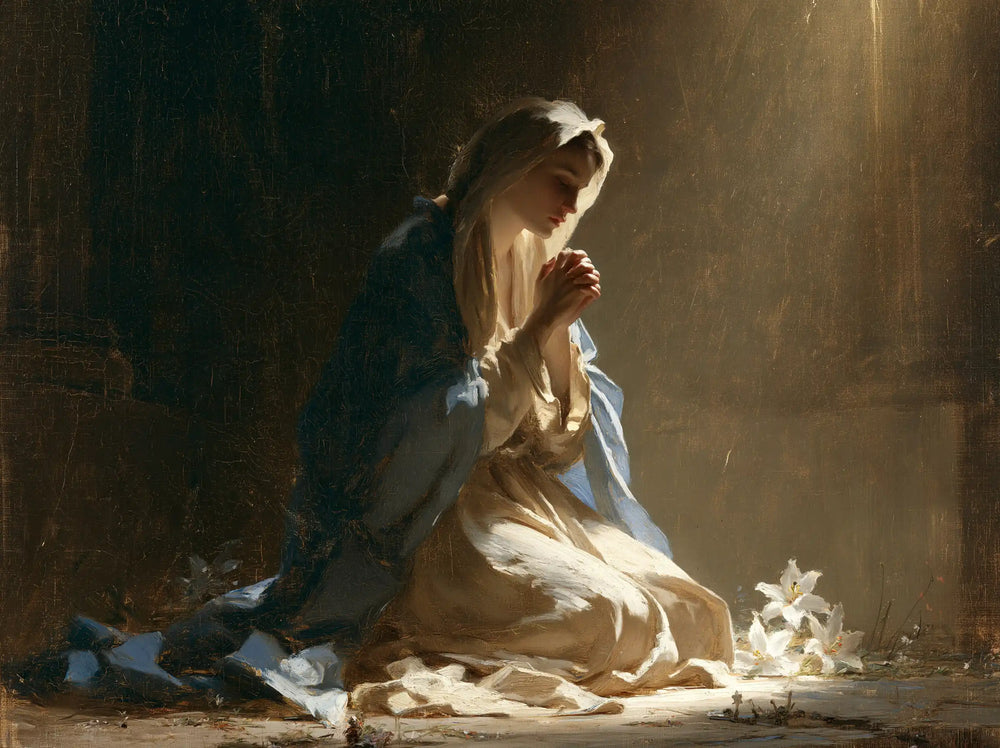 the Virgin Mary in prayer in Symbolist style, landscape Christian artwork no. 10
