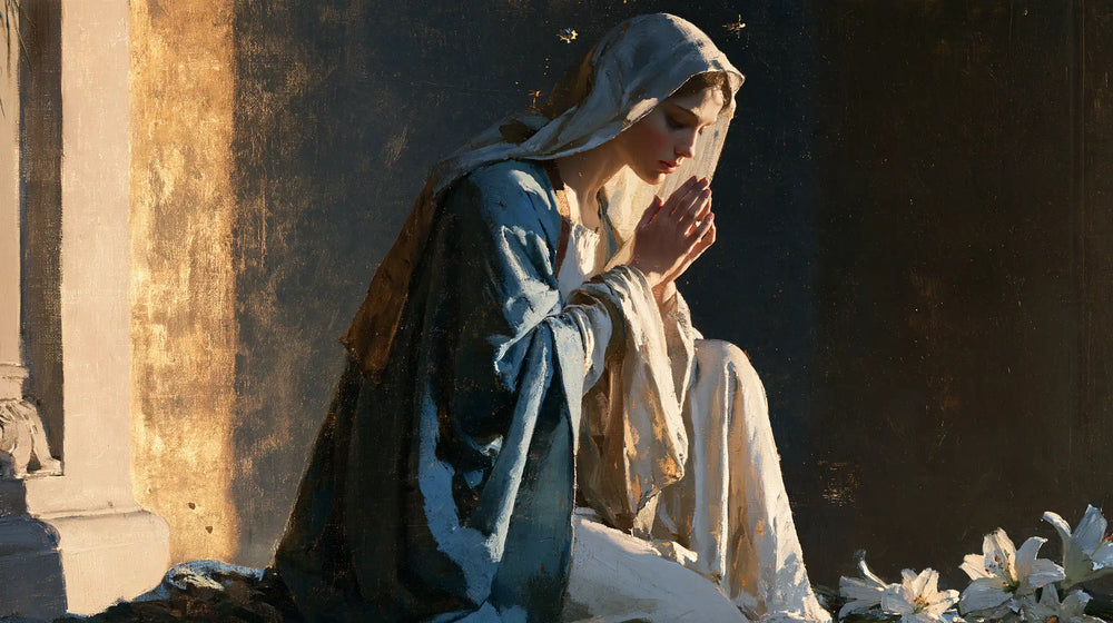 the Virgin Mary in prayer in Symbolist style, landscape Christian artwork no. 12