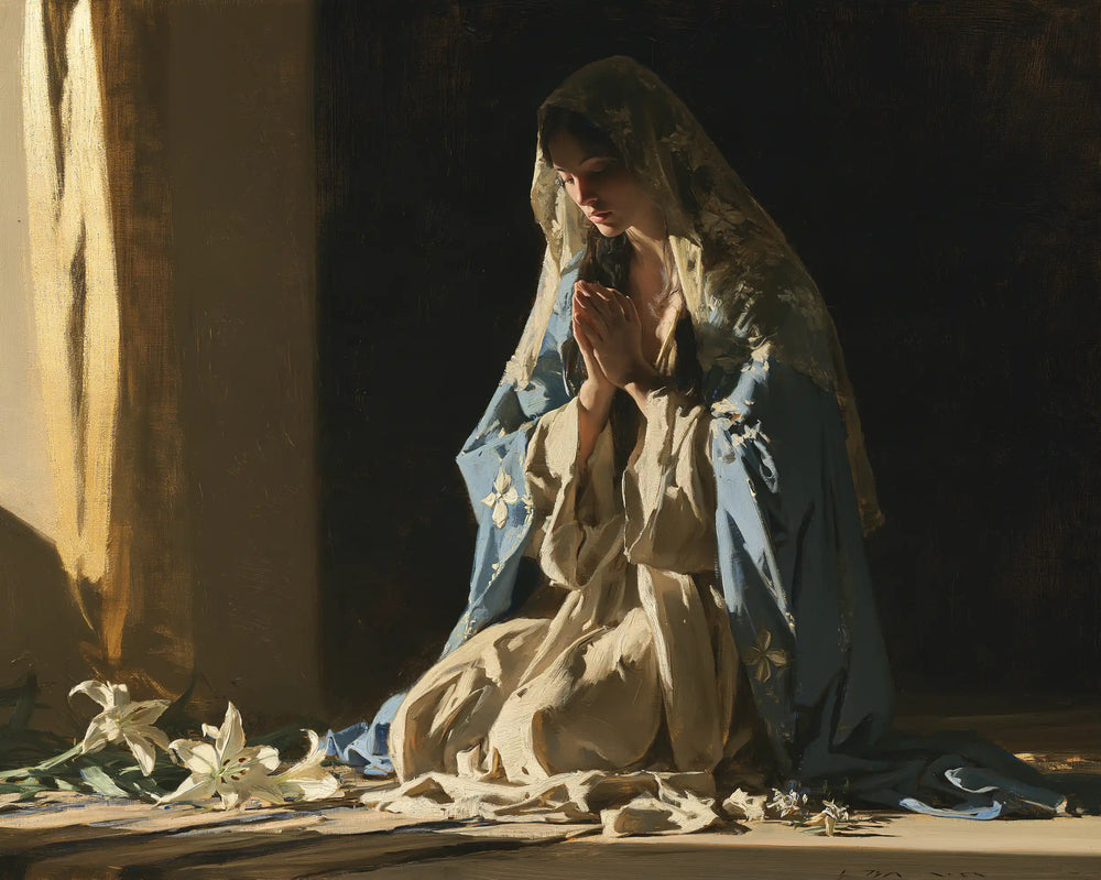 the Virgin Mary in prayer in Symbolist style, landscape Christian artwork no. 19