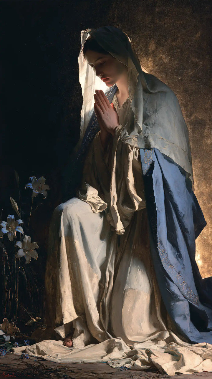 Virgin Mary in Prayer — The Peaceful Veil in the Night