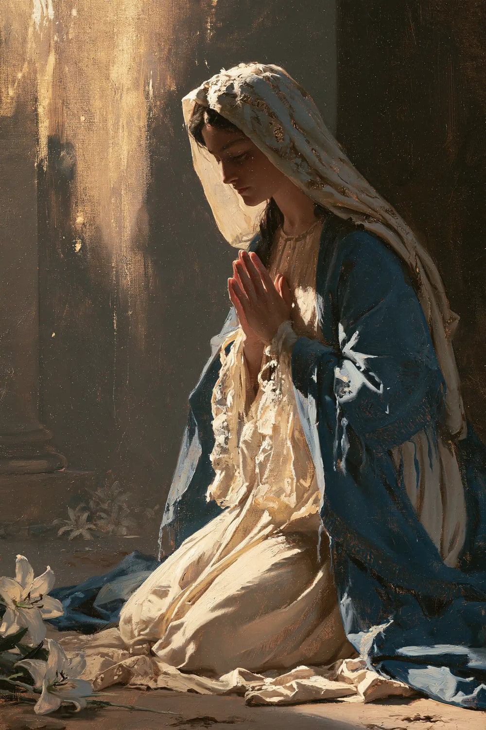 the Virgin Mary in prayer in Symbolist style, portrait Christian artwork no. 23