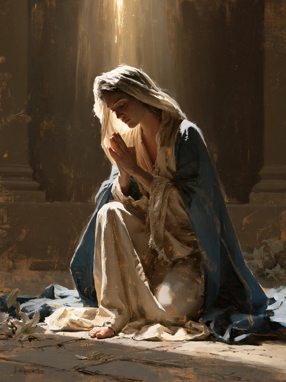 the Virgin Mary in prayer in Symbolist style, portrait Christian artwork no. 36