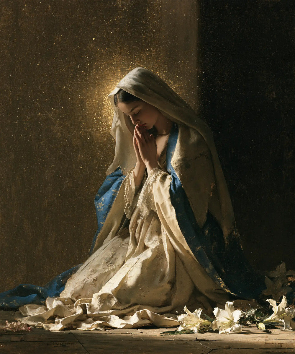 the Virgin Mary in prayer in Symbolist style, portrait Christian artwork no. 40