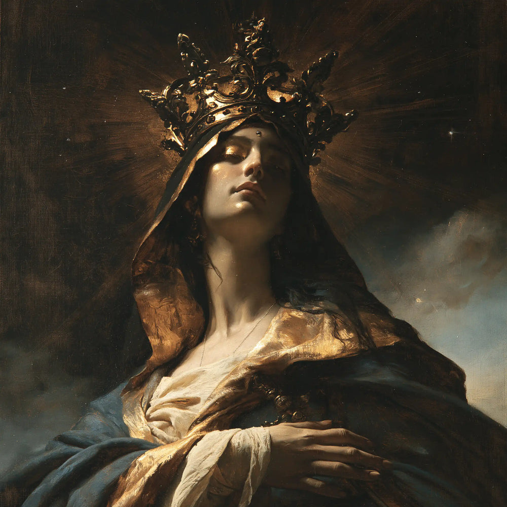Mary crowned as Queen of Heaven in black and gold in Black and Gold style, square Christian artwork no. 2