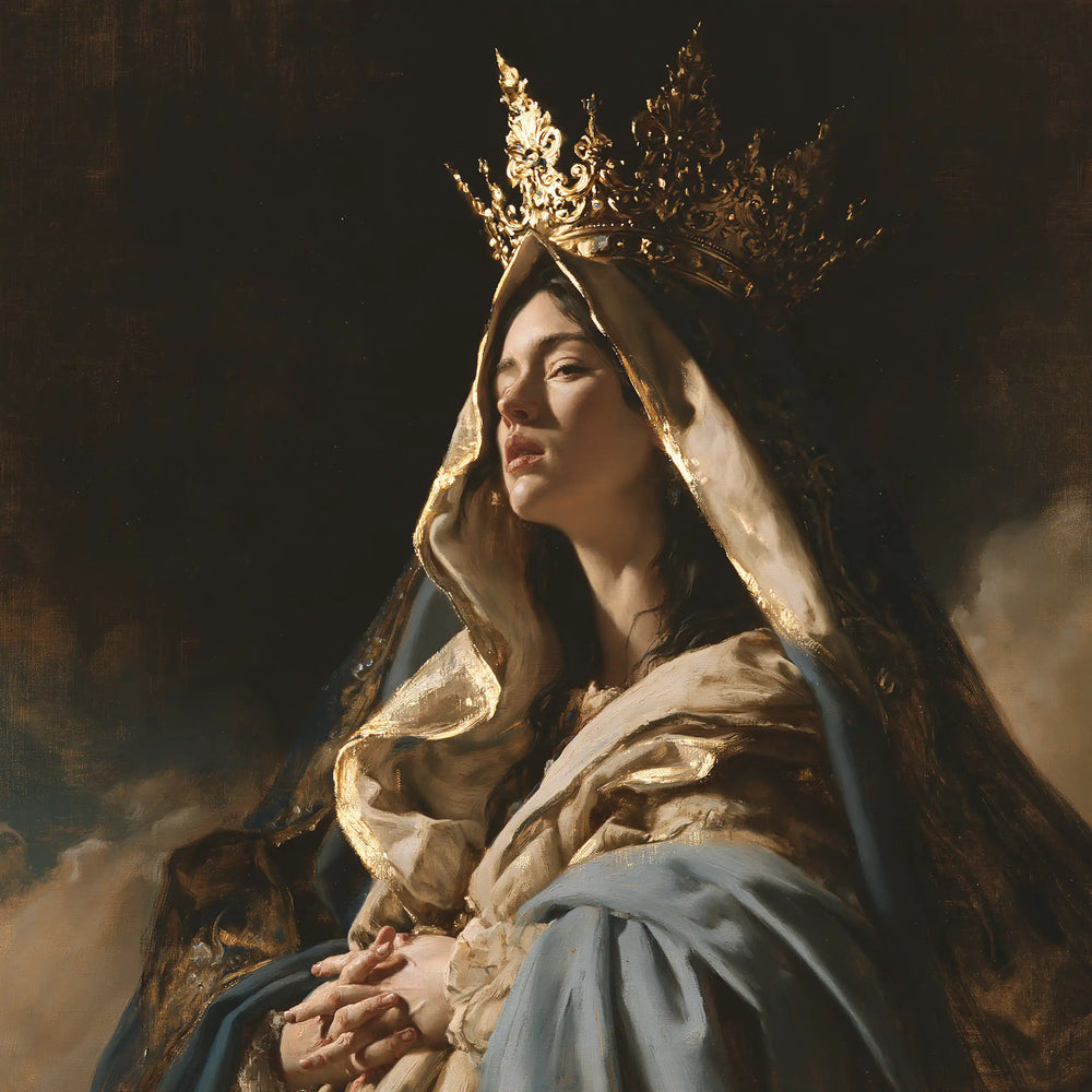 Mary crowned as Queen of Heaven in black and gold in Black and Gold style, square Christian artwork no. 3