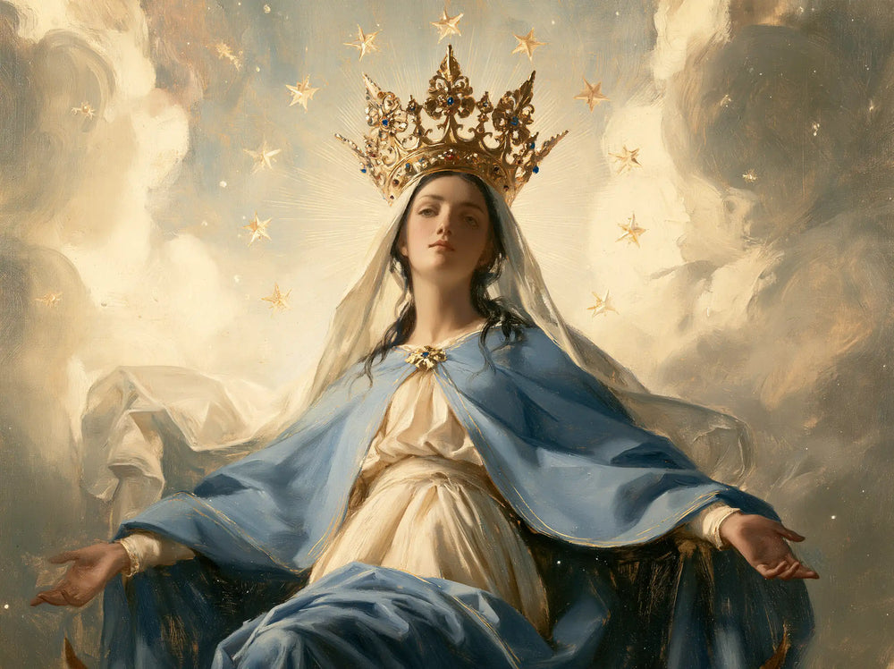 Mary with the heavenly crown as the central symbol in The Crown as Central Symbol style, landscape Christian artwork no. 3