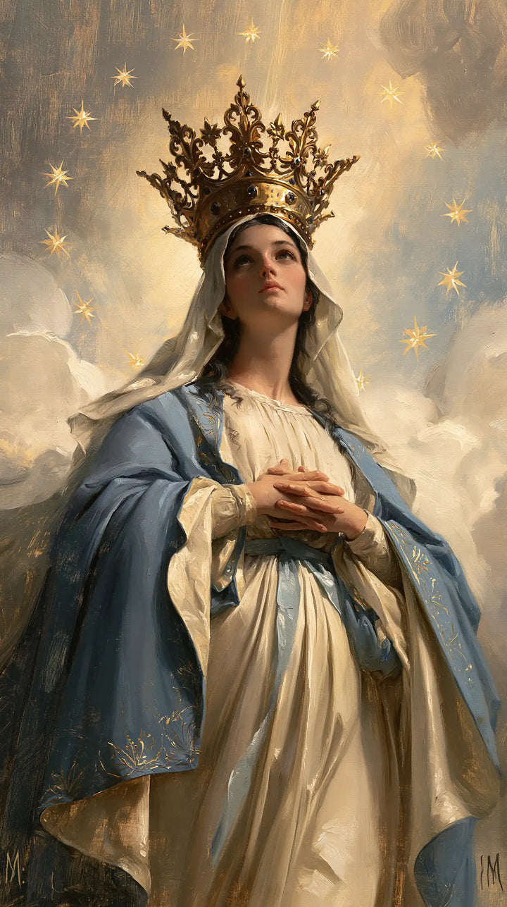 Mary, Queen of Heaven — Resting Hands Beneath Royal Lace
