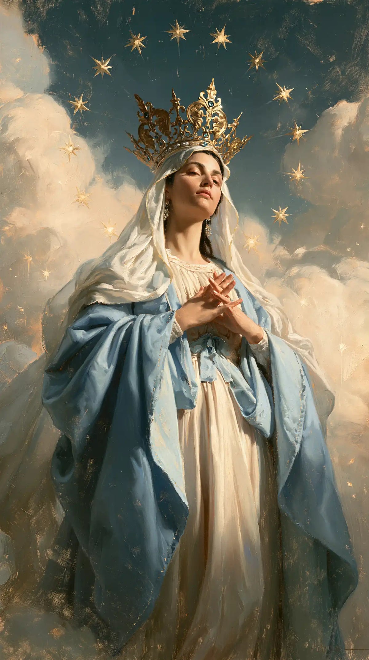 Mary, Queen of Heaven — Interlaced Fingers Before the Blue Sky