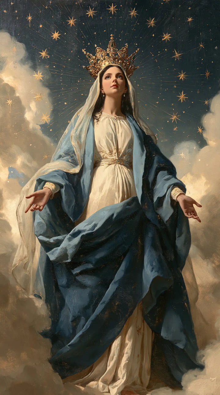 Mary, Queen of Heaven — The Delicate Crown Above the Deep Drapery