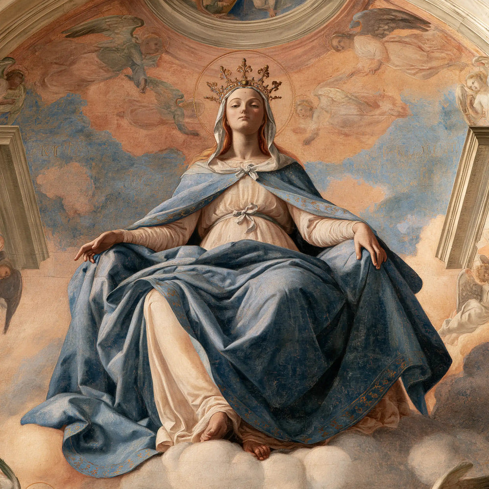 Mary crowned as Queen of Heaven in Florentine Renaissance style in Florentine Renaissance style, square Christian artwork no. 6