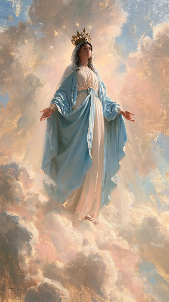 Mary, Queen of Heaven — The Azure Silhouette in the Peach Haze