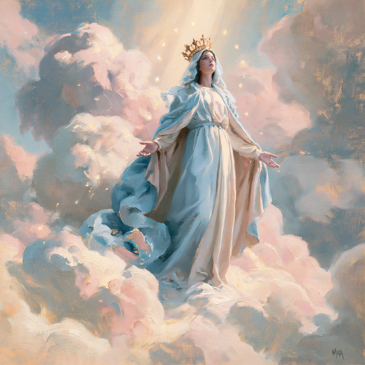 Mary as Queen of Heaven in an impressionist atmosphere in Impressionist style, square Christian artwork no. 7