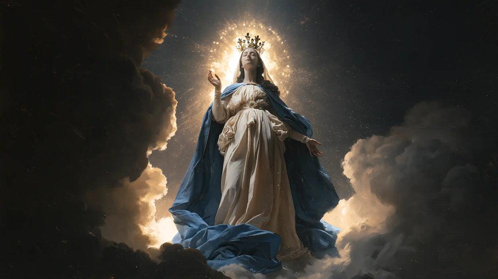 Mary as Queen of Heaven surrounded by divine light in Mary as Divine Light style, landscape Christian artwork no. 10