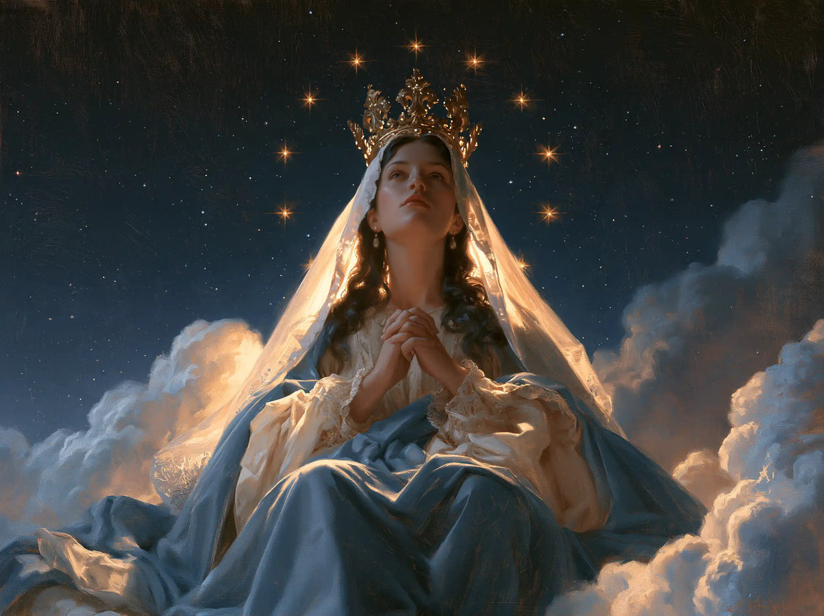 Mary as Queen of Heaven in midnight-blue chiaroscuro in Midnight Blue Chiaroscuro style, landscape Christian artwork no. 8