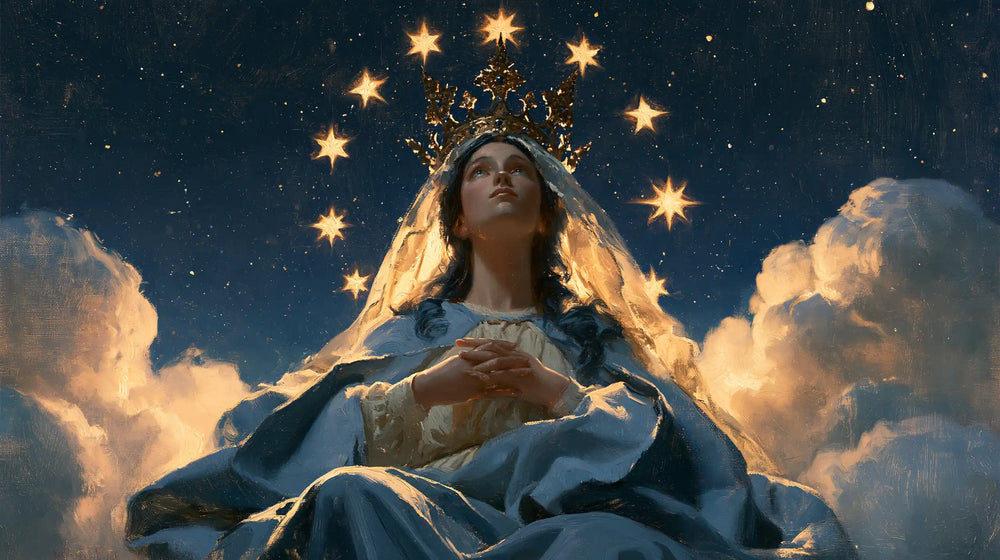 Mary as Queen of Heaven in midnight-blue chiaroscuro in Midnight Blue Chiaroscuro style, landscape Christian artwork no. 10