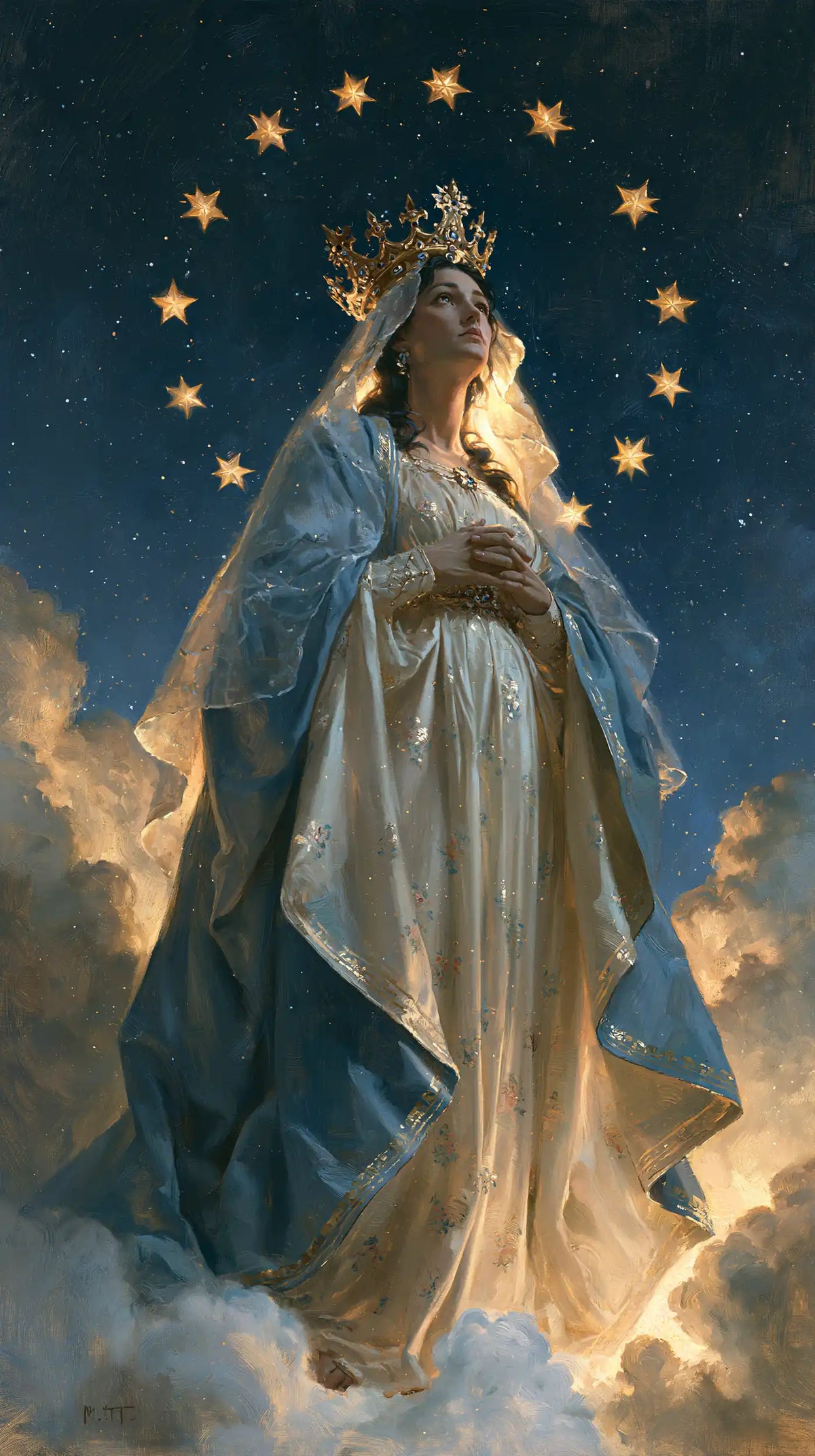 Mary as Queen of Heaven in midnight-blue chiaroscuro in Midnight Blue Chiaroscuro style, portrait Christian artwork no. 5