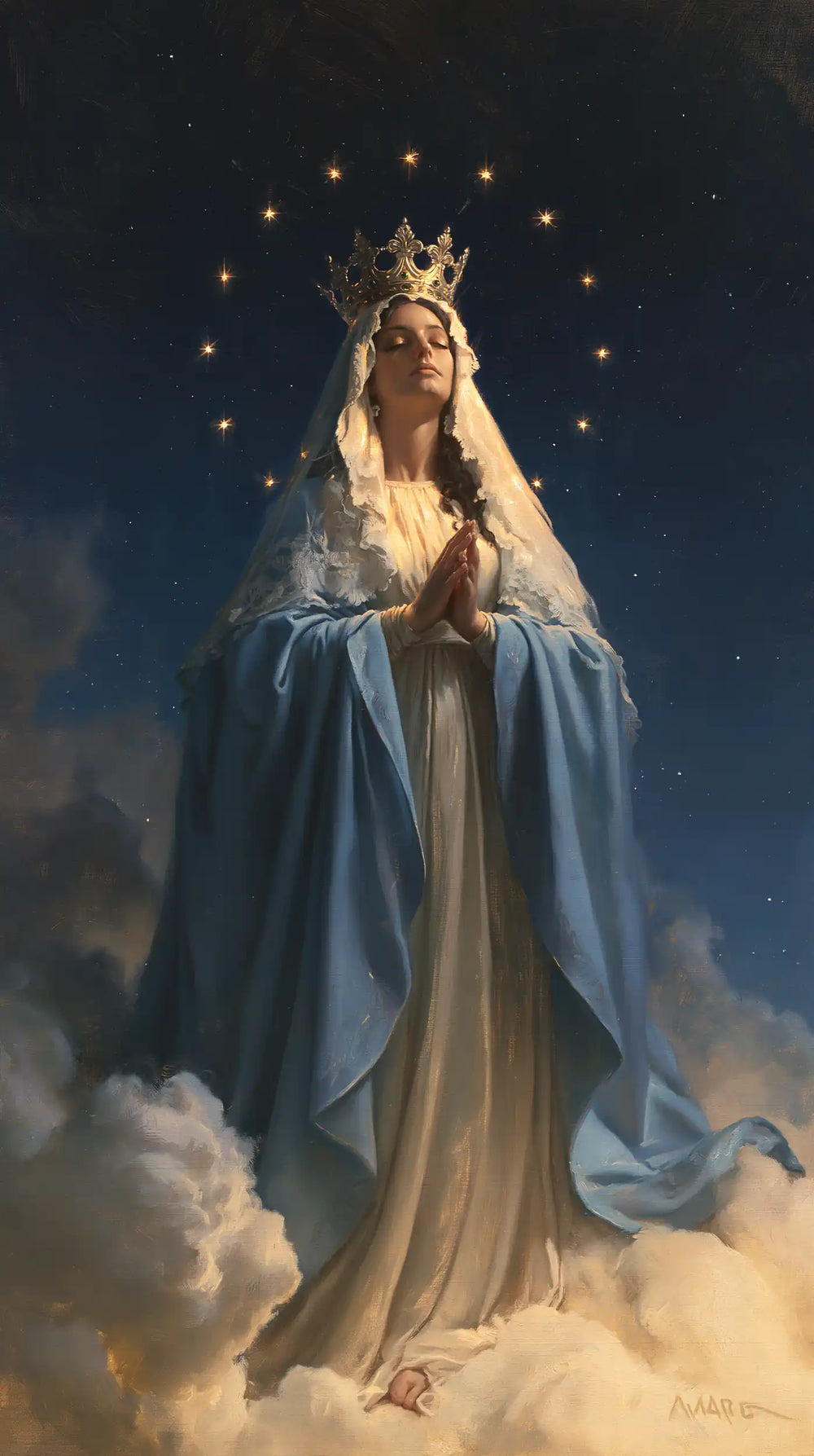 Mary as Queen of Heaven in midnight-blue chiaroscuro in Midnight Blue Chiaroscuro style, portrait Christian artwork no. 8