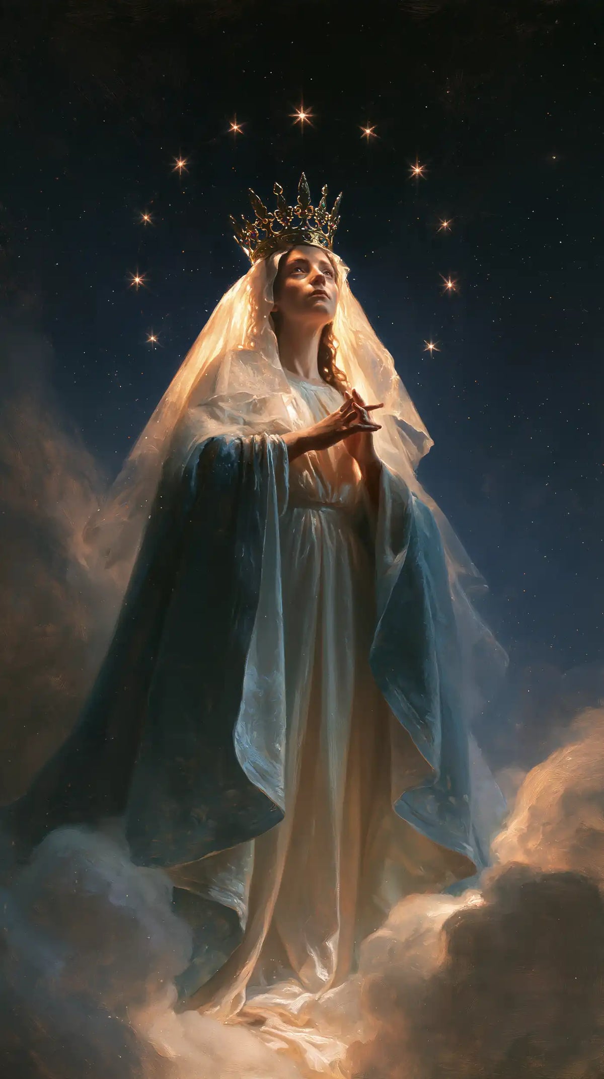 Mary as Queen of Heaven in midnight-blue chiaroscuro in Midnight Blue Chiaroscuro style, portrait Christian artwork no. 9