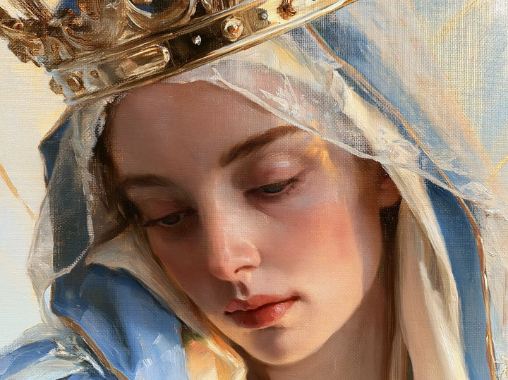 Mary, Queen of Heaven — The Gentle Gaze Between Azure Folds