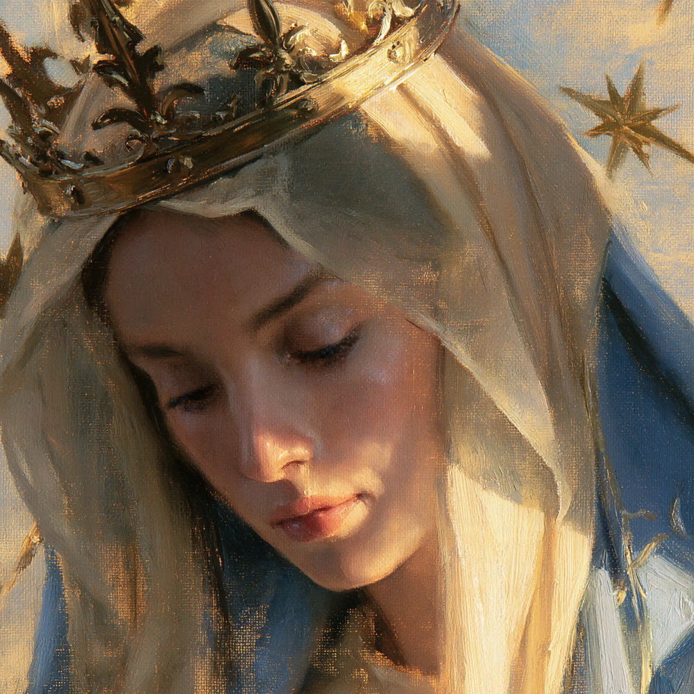 a close portrait of Mary as Queen of Heaven in Psychological Close-Up style, square Christian artwork no. 1