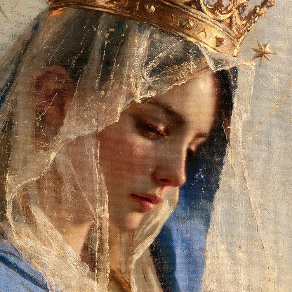a close portrait of Mary as Queen of Heaven in Psychological Close-Up style, square Christian artwork no. 2