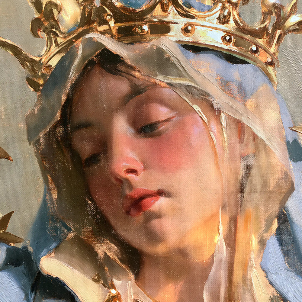 a close portrait of Mary as Queen of Heaven in Psychological Close-Up style, square Christian artwork no. 3