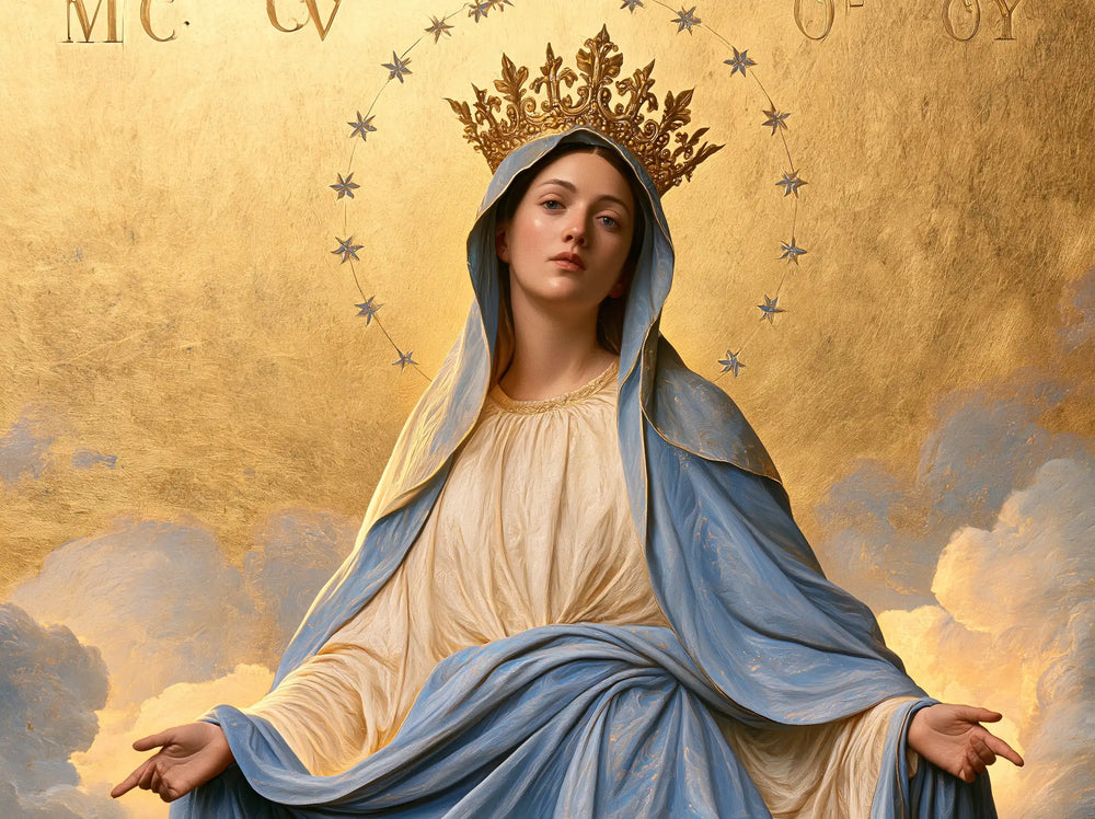 Mary crowned as Queen of Heaven in Sacred Gold style, landscape Christian artwork no. 5