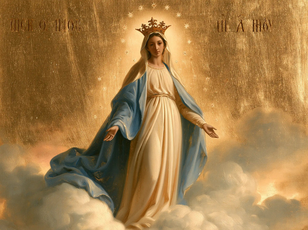 Mary crowned as Queen of Heaven in Sacred Gold style, landscape Christian artwork no. 9
