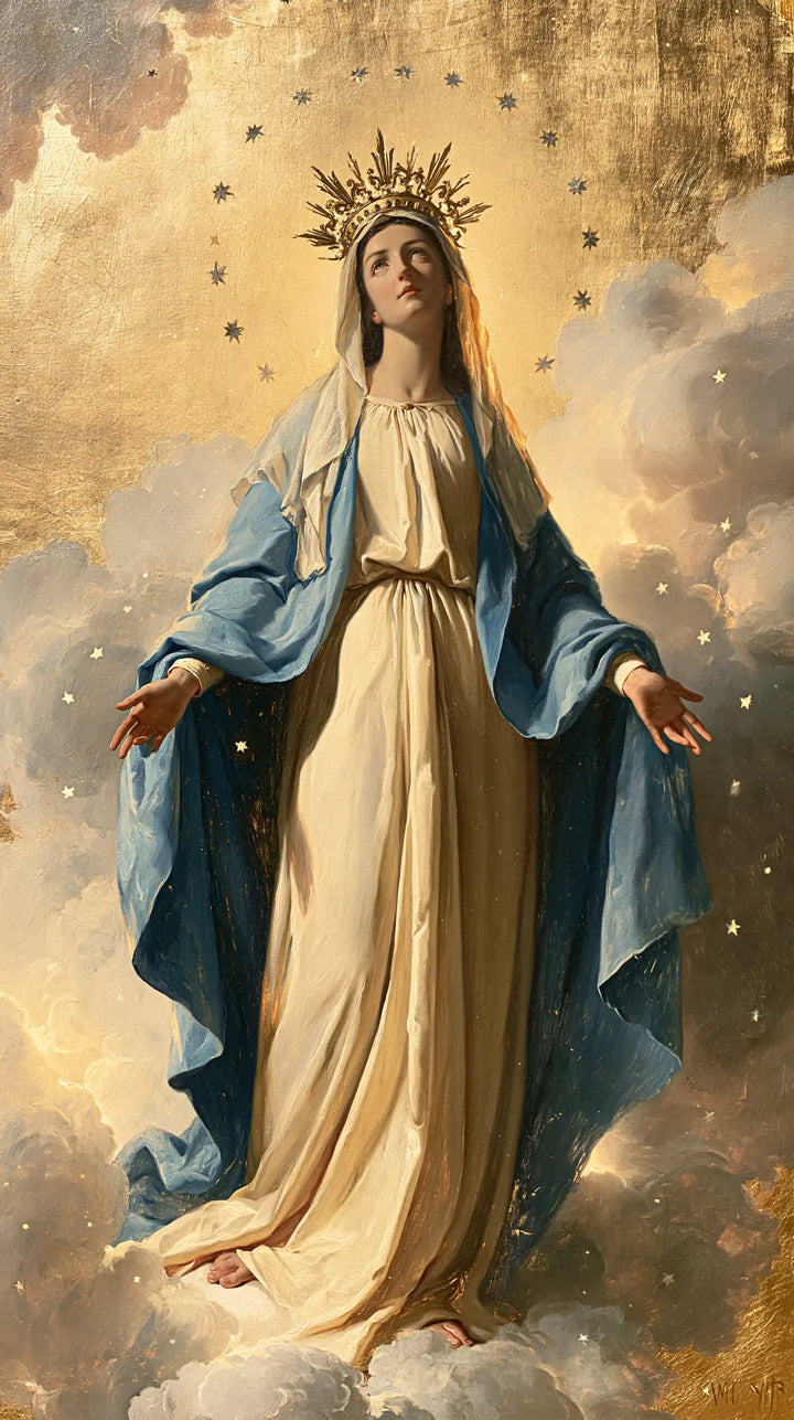Mary, Queen of Heaven — Palms at the Edge of Flecked Light