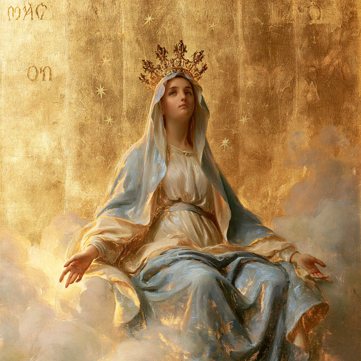 Mary crowned as Queen of Heaven in Sacred Gold style, square Christian artwork no. 10