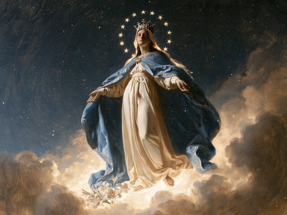 Mary as Queen of Heaven in a symbolist composition in Symbolist style, landscape Christian artwork no. 1