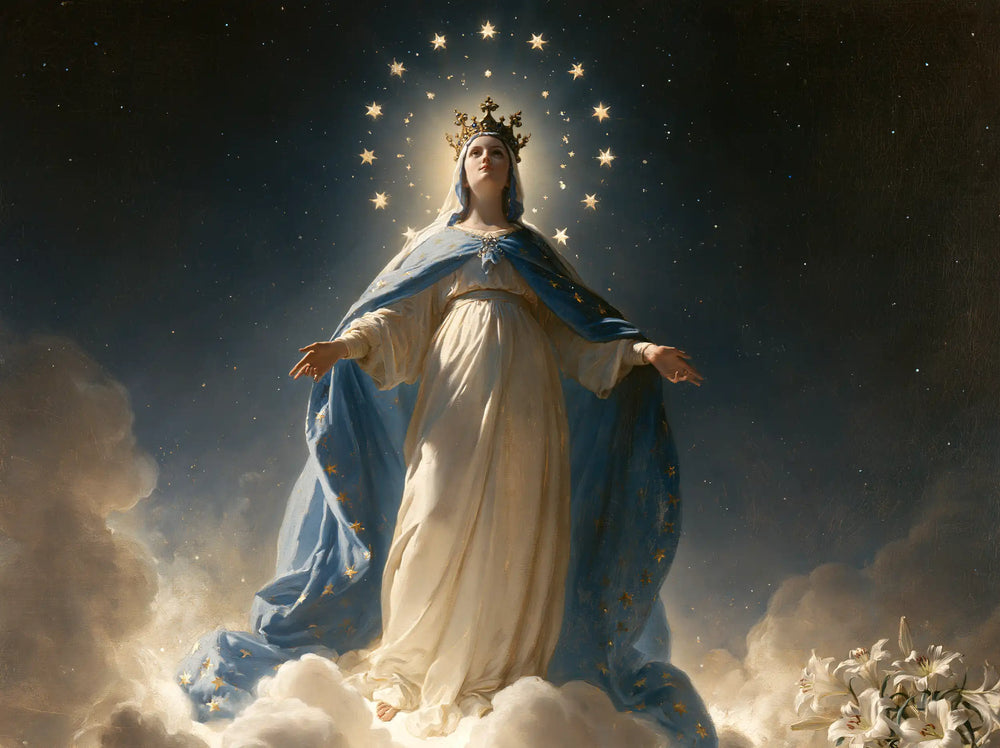 Mary as Queen of Heaven in a symbolist composition in Symbolist style, landscape Christian artwork no. 2