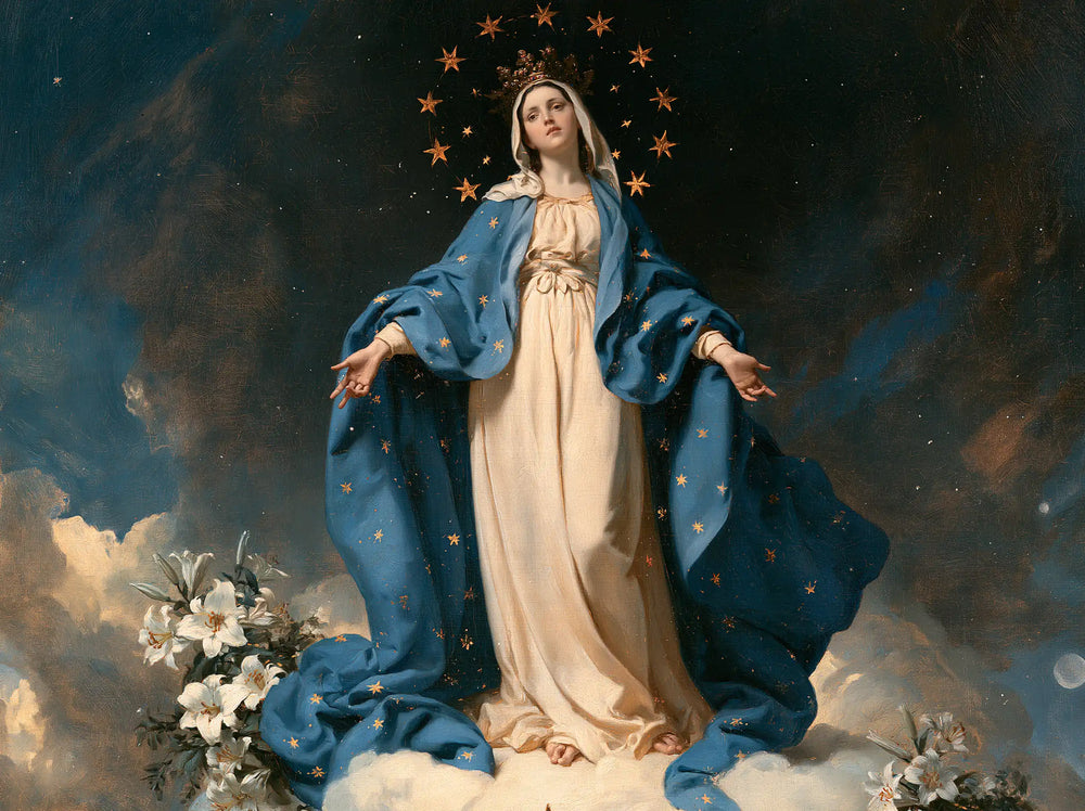 Mary as Queen of Heaven in a symbolist composition in Symbolist style, landscape Christian artwork no. 6