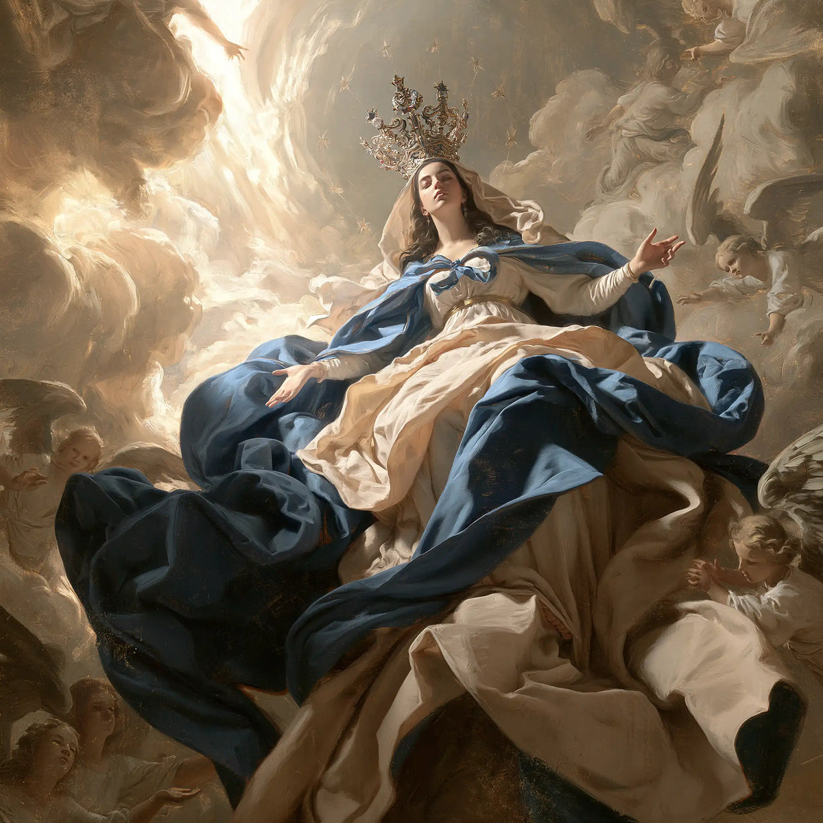 Mary enthroned as Queen of Heaven in a theatrical Baroque scene in Theatrical Baroque style, square Christian artwork no. 2