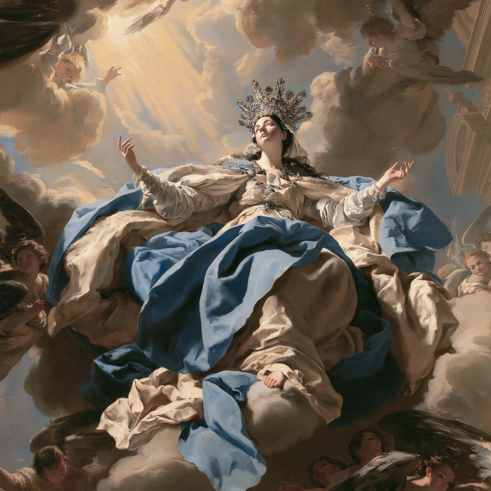 Mary enthroned as Queen of Heaven in a theatrical Baroque scene in Theatrical Baroque style, square Christian artwork no. 4