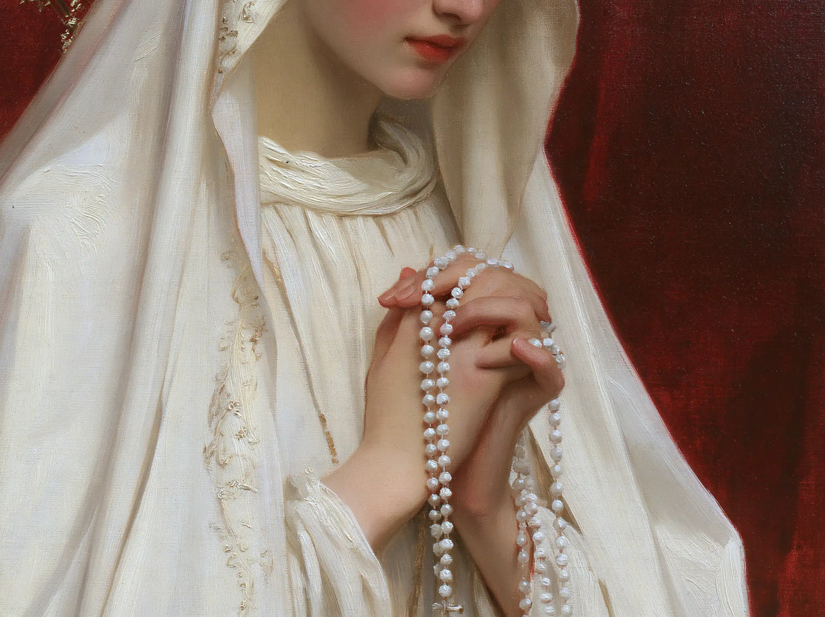 Our Lady of Fatima – Hands and Pearls Before Red