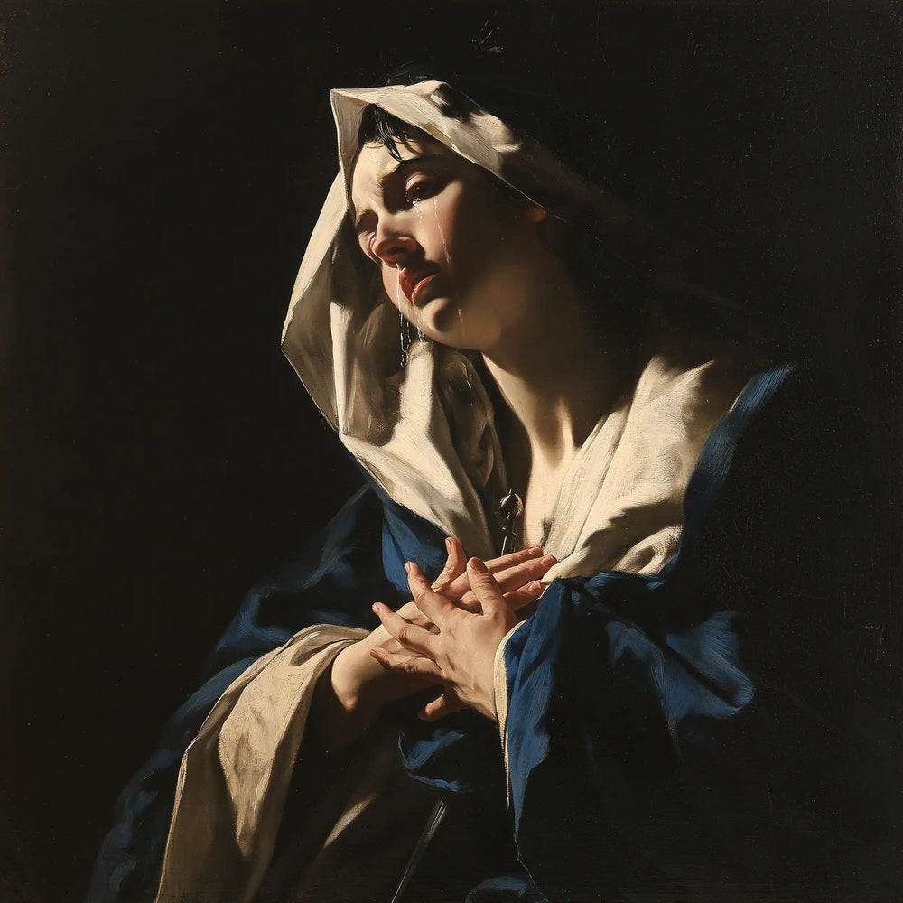 Our Lady of Sorrows in dramatic chiaroscuro in Caravaggio Tenebrism style, square Christian artwork no. 11