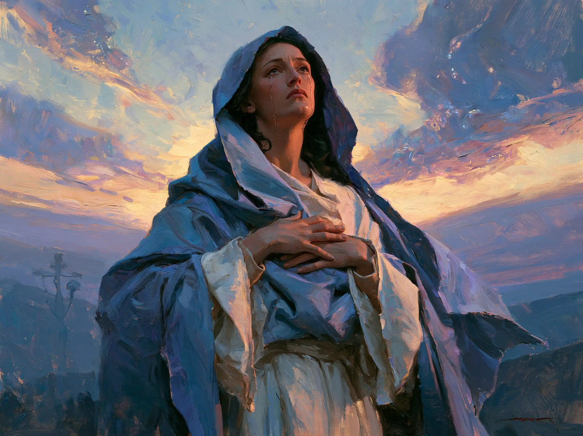 Our Lady of Sorrows in an impressionist atmosphere in Impressionist style, landscape Christian artwork no. 1