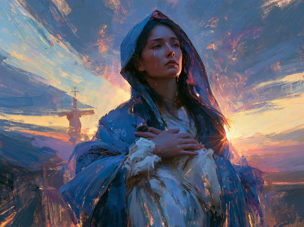 Our Lady of Sorrows in an impressionist atmosphere in Impressionist style, landscape Christian artwork no. 3
