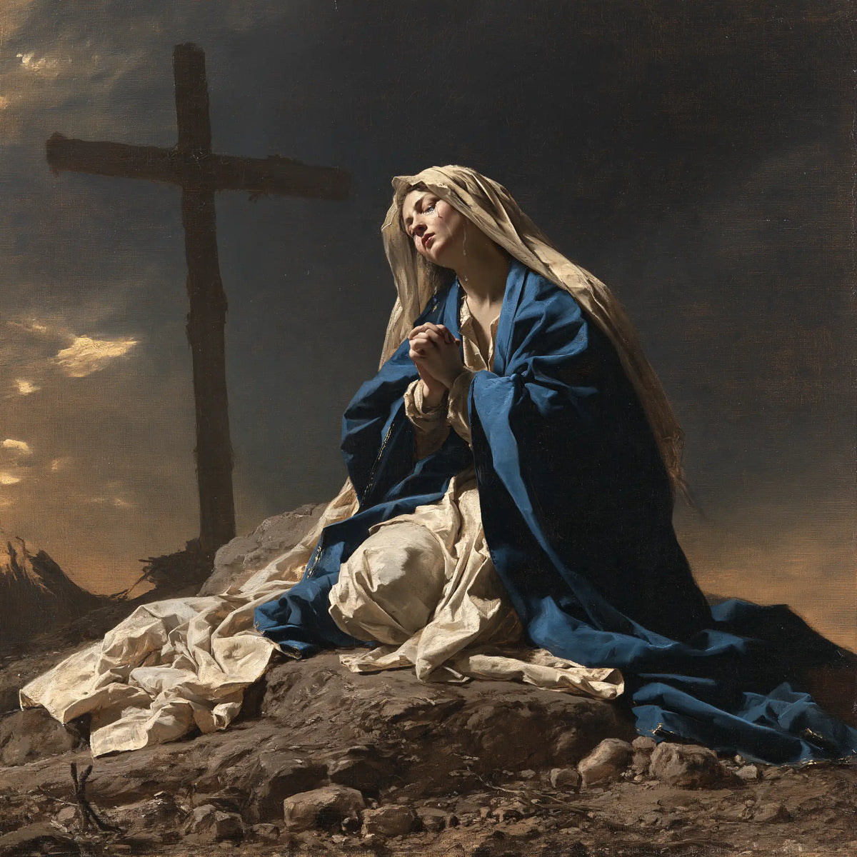 Mary kneeling before the Cross in Mary Kneeling before the Cross style, square Christian artwork no. 2