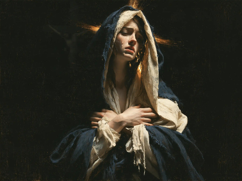 Mary as a light within sorrow in Mary as Light in Sorrow style, landscape Christian artwork no. 3