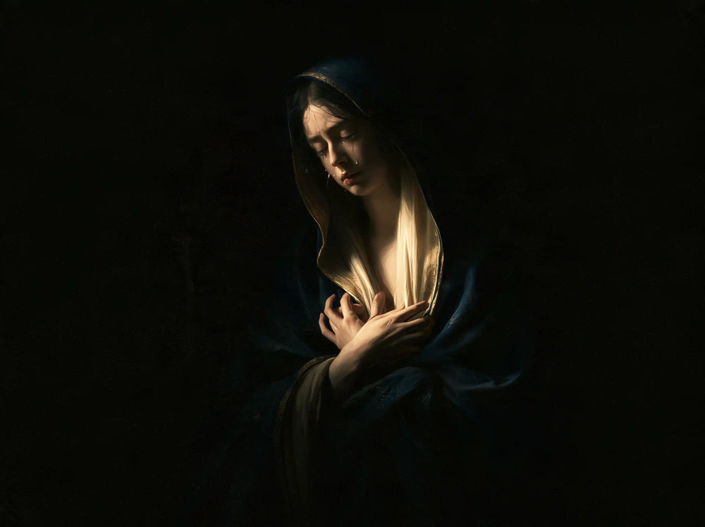 Mary as a light within sorrow in Mary as Light in Sorrow style, landscape Christian artwork no. 5