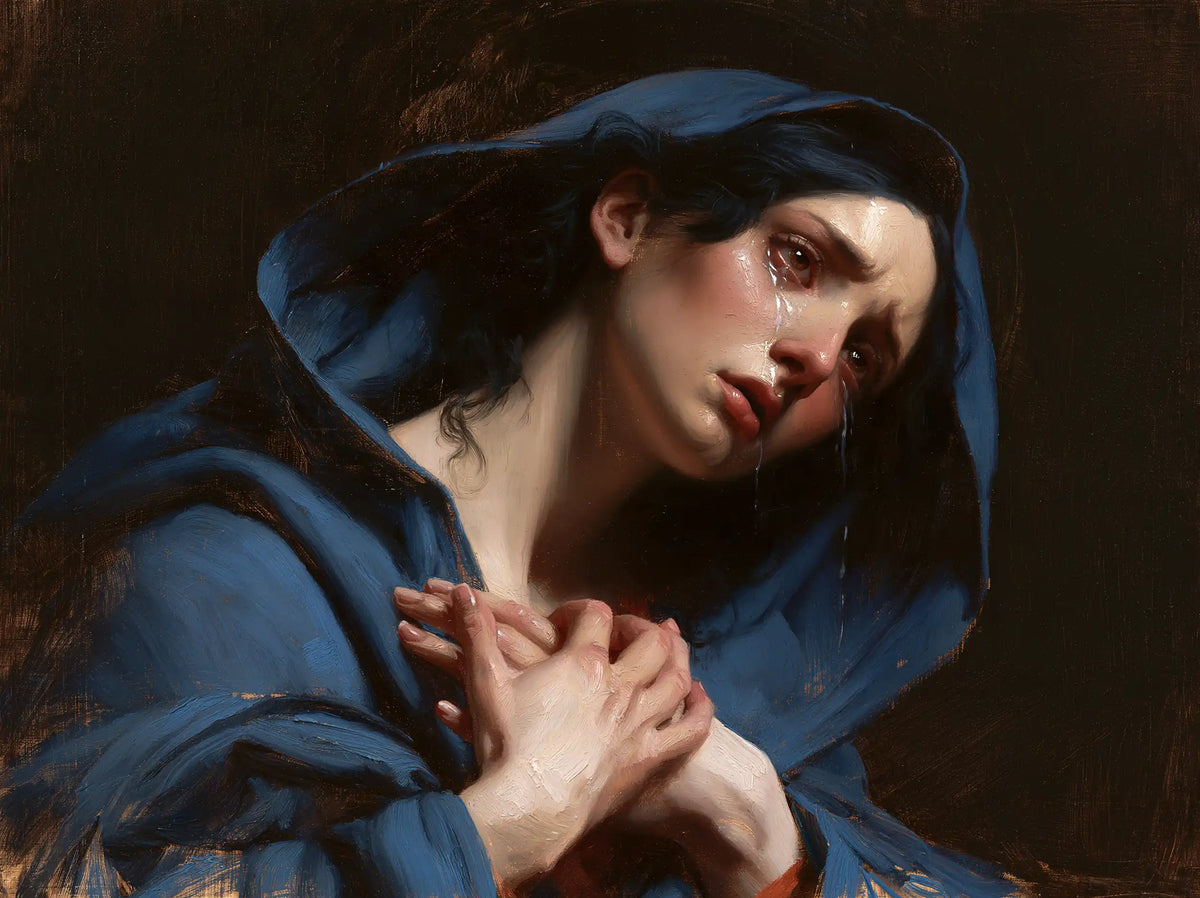 Mary experiencing profound maternal sorrow in Profound Maternal Sorrow style, landscape Christian artwork no. 11