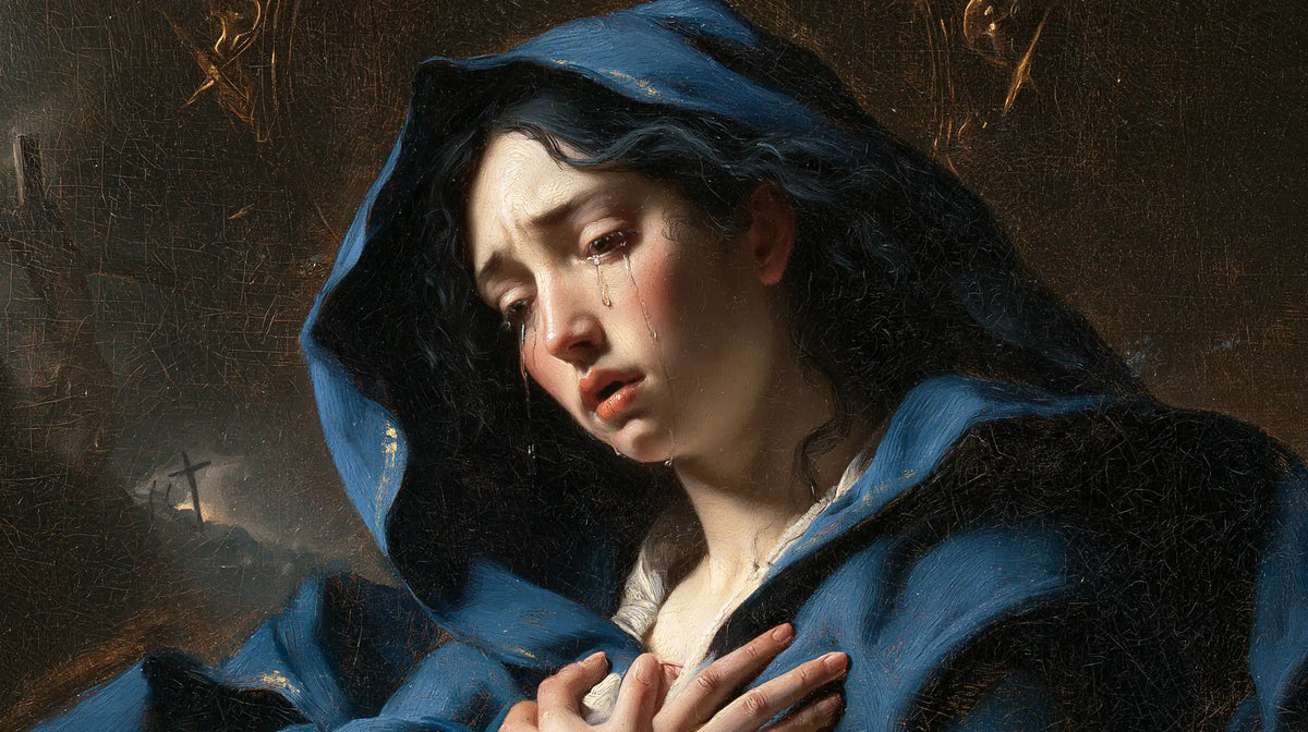 Mary experiencing profound maternal sorrow in Profound Maternal Sorrow style, landscape Christian artwork no. 14